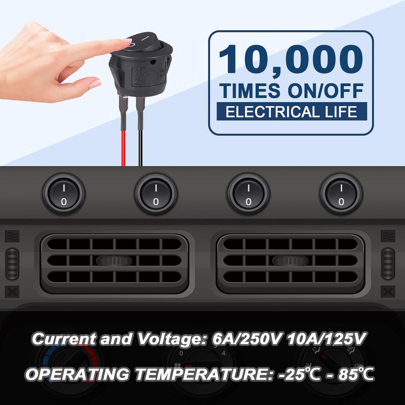 VEXUNGA Round Rocker Switch 12V ON Off Switches Small Mini 12Volt Toggle Switch 2Pin AC 6A 250V 10A 125V 12VDC KCD1 Black for Car Automotive Boat (5Pcs with Leads 5Pcs Without Wires) - Image 5